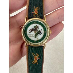 Maxim Quartz solid 18kt gold case genuine leather green cloth strap watch